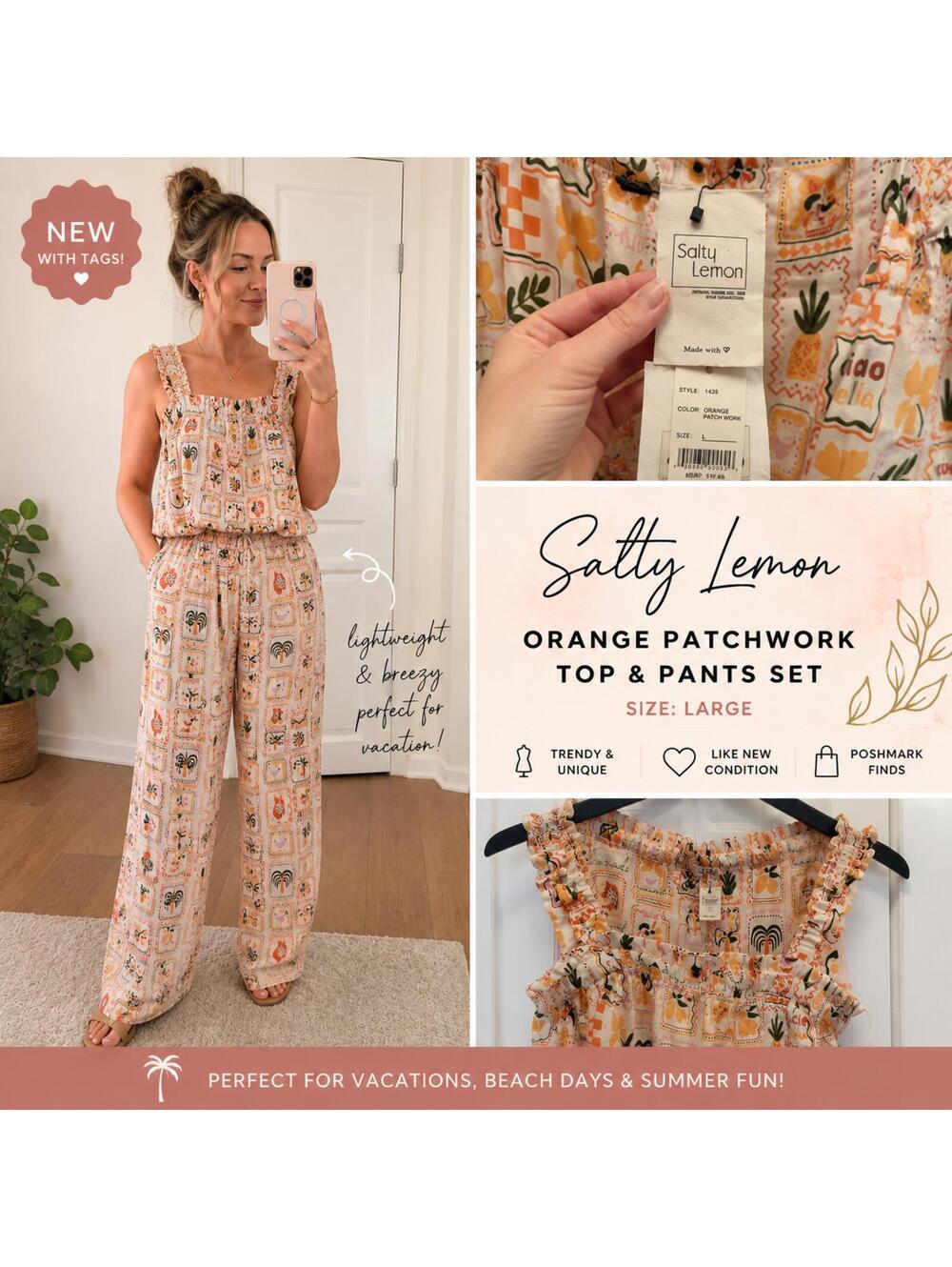 Salty Lemon Orange Patchwork Top and Pants Set Size Large